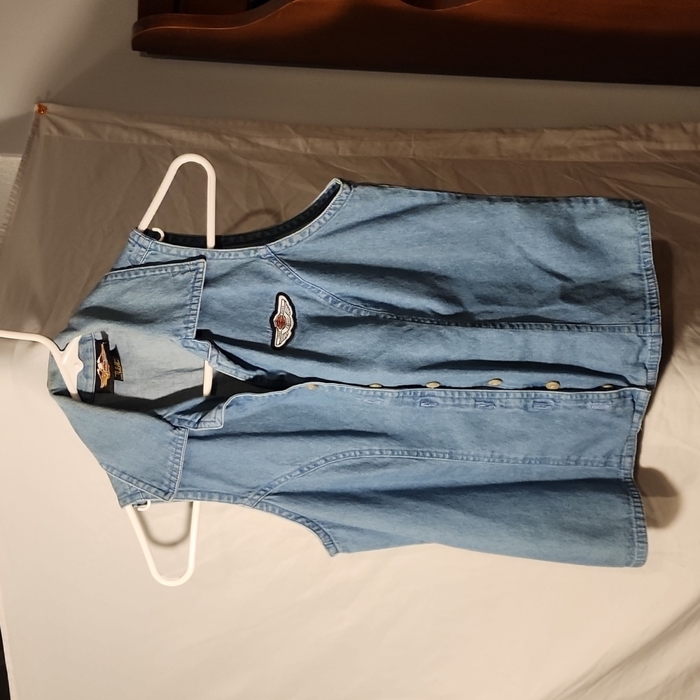 Vintage Harley Davidson denim button down cut off style shirt.